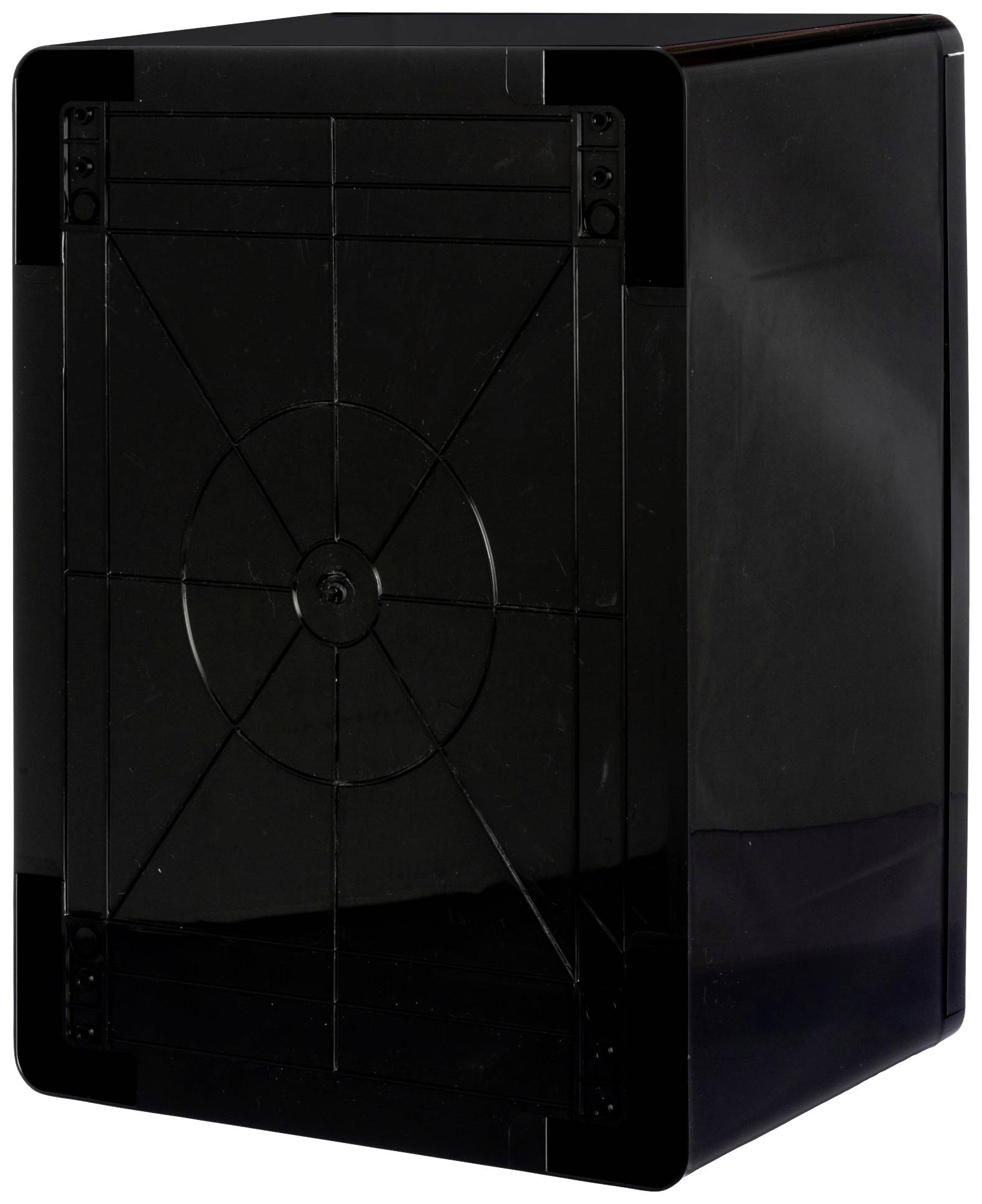 'Black speaker in a rectangular enclosure without visible brands or inscriptions, in close-up against a neutral background.'