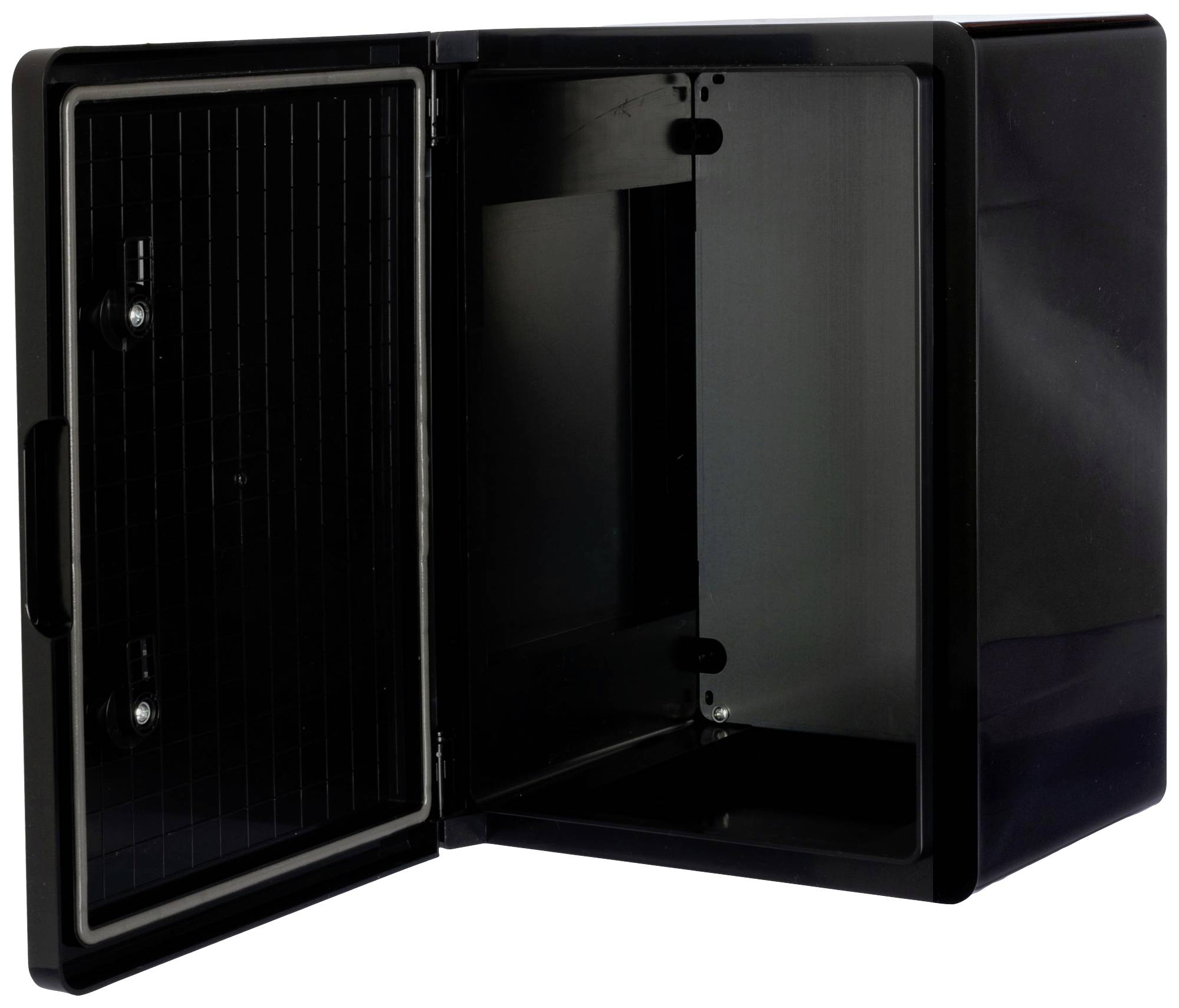 Opened black box with a smooth, glossy surface; reveals interior with no visible contents or fittings.