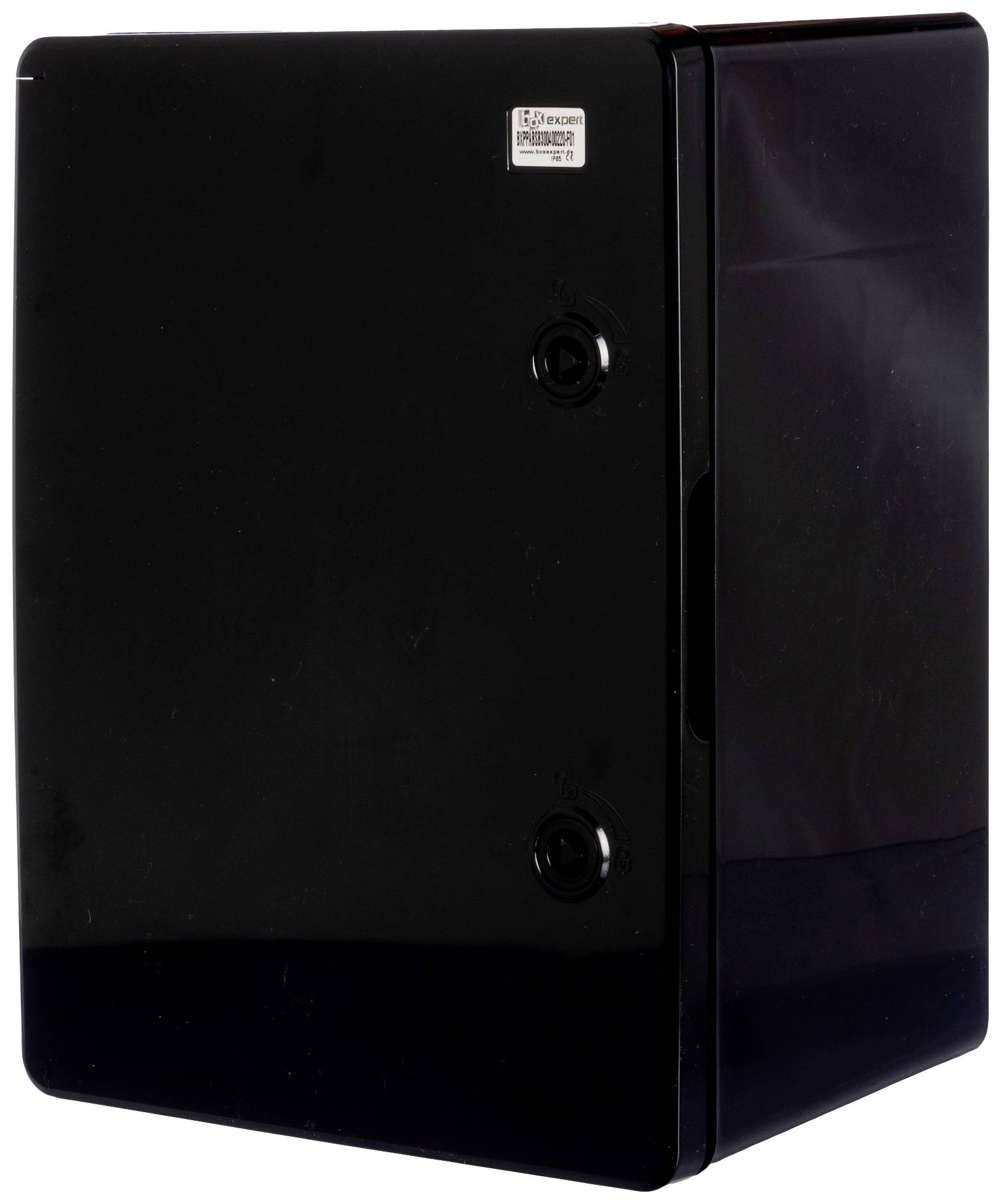 Black mini-fridge with a glossy finish and two rotary knobs on the front. Perfect for small spaces.