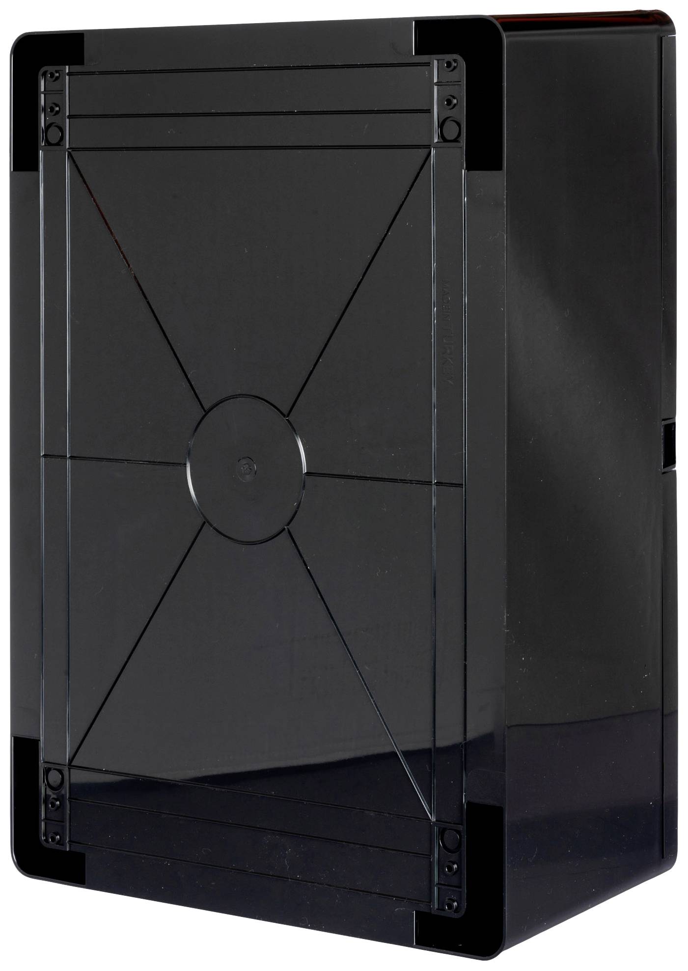 A black, rectangular electronics cabinet with a smooth surface and rounded corners, standing upright and closed.