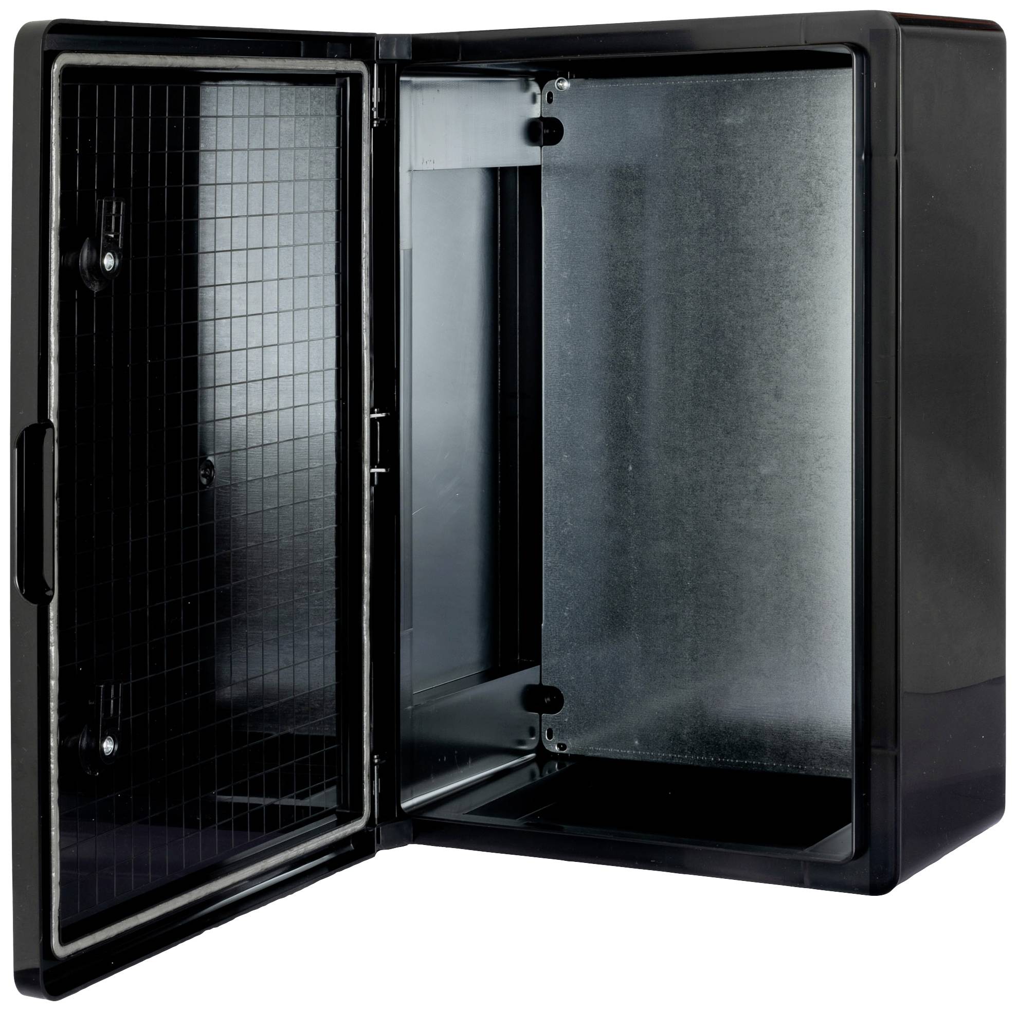 Black, empty metal cabinet with an open door, revealing its interior. Suitable for storing items or equipment.