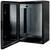 Black, empty metal cabinet with an open door, revealing its interior. Suitable for storing items or equipment.