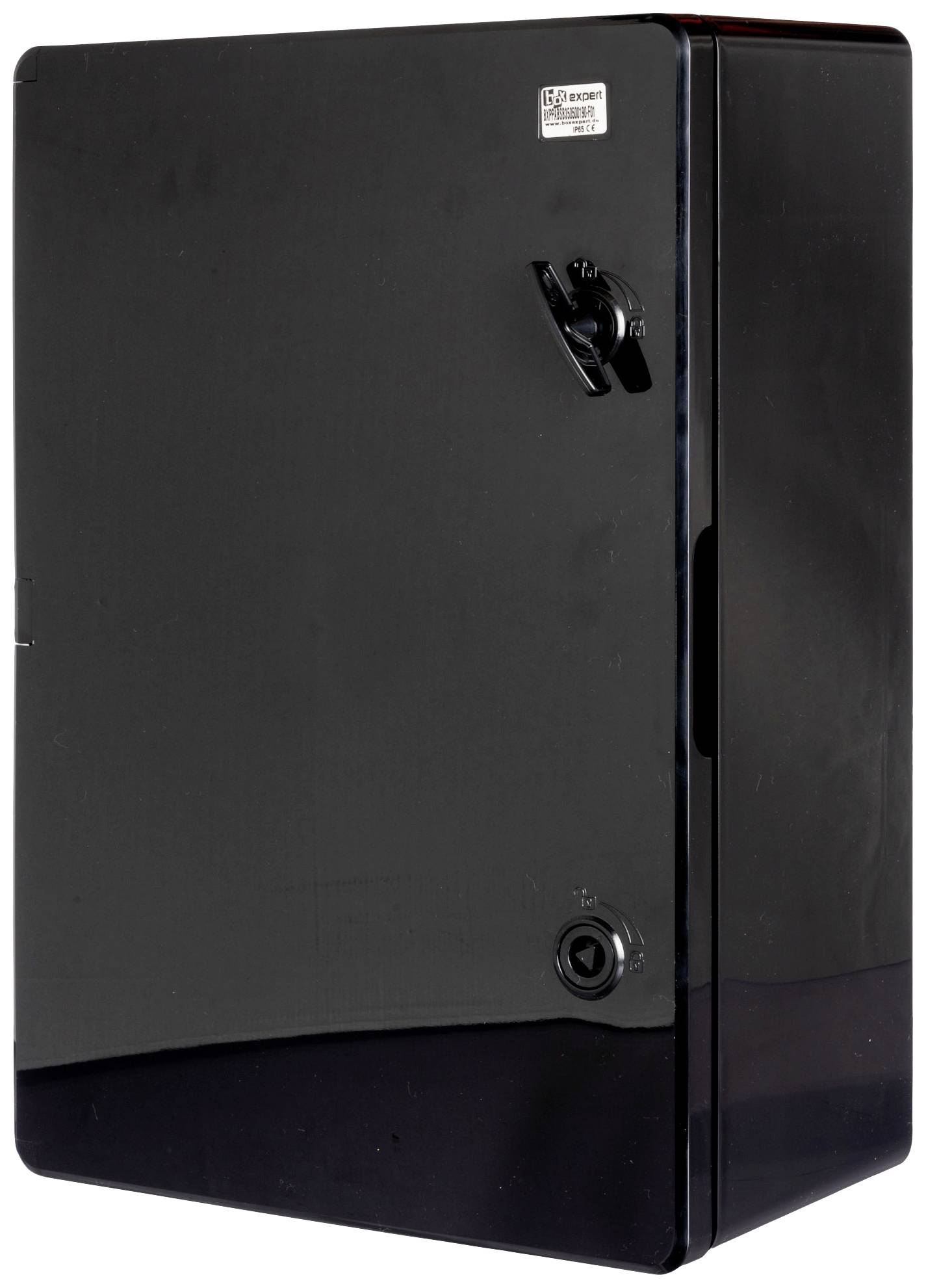 Black metal box with a switch and small viewing window, potentially an electrical or technical device.