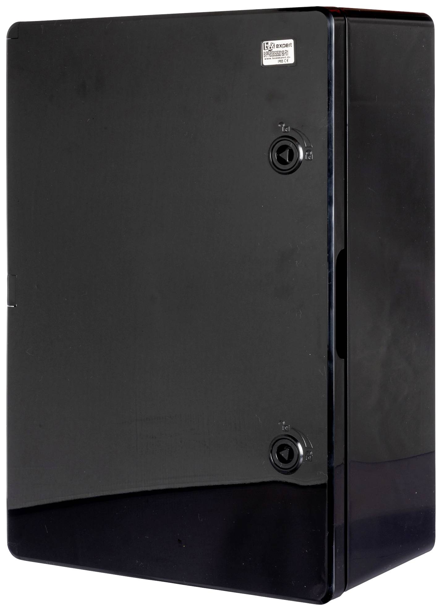 A black, rectangular protective case with two side openings and a small label in the top left corner.