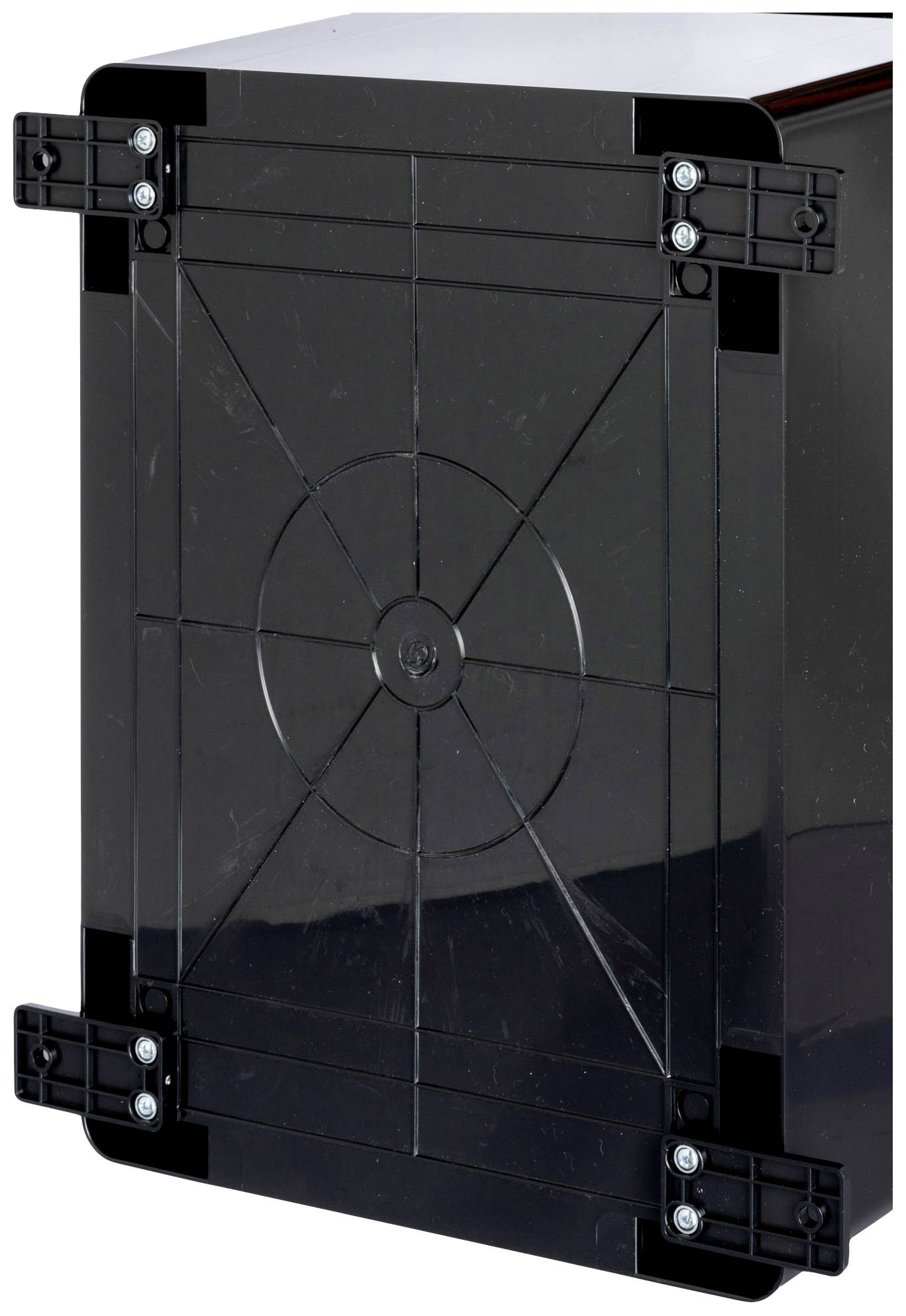 A black, rectangular box with hinges at the corners. It appears to be made of robust plastic and could be a protective enclosure.