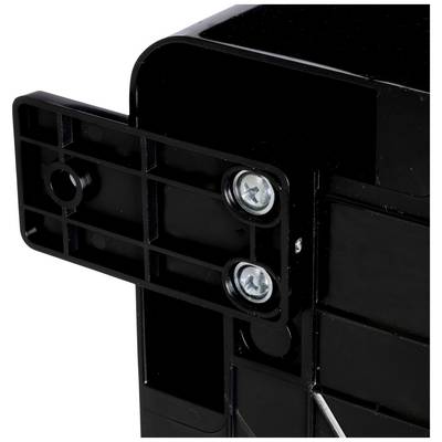 Black, rectangular plastic mounting bracket secured with two silver screws. Part of a larger structure, purpose unclear.