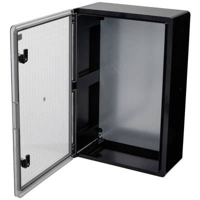 Black electrical distribution cabinet with an open, transparent door. Interior empty, without visible components or labels.