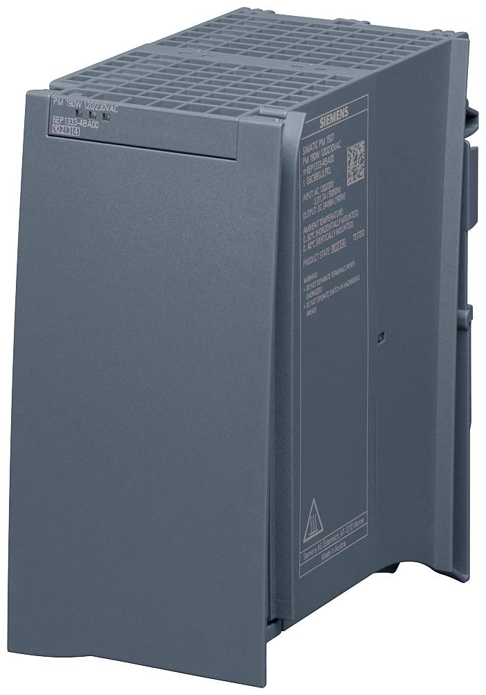 A grey electronic control module with a rectangular shape, slots on the top surface and technical data on the side. Portrait orientation.