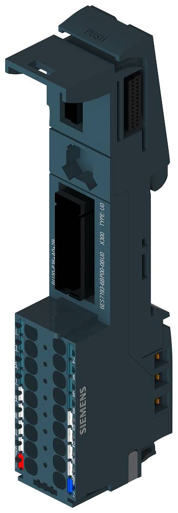 An electronic module with multiple connectors and a digital display, marked with 'Siemens', presumably for industrial control systems.