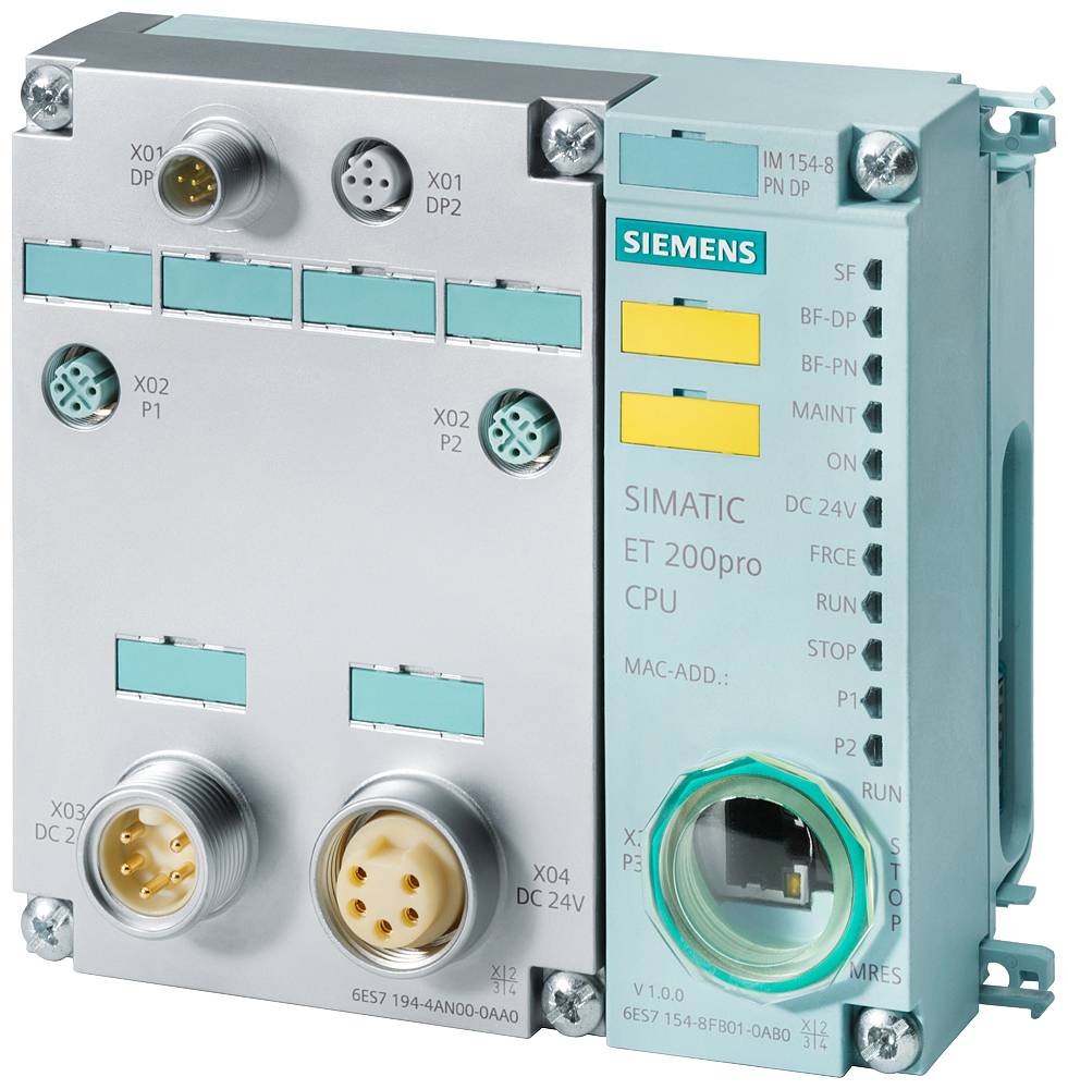 Industrial control unit with connection sockets and Siemens logo. Labels show various connection and function indicators.