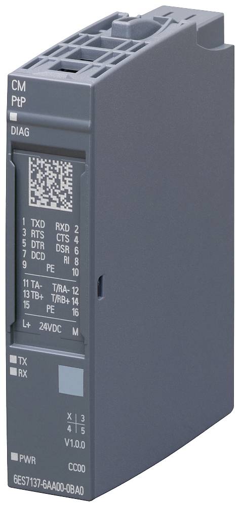 Electronic module in grey with multiple connectors and labels such as 'DIAG', 'TXD', 'RXD'. Shows network and power connections.