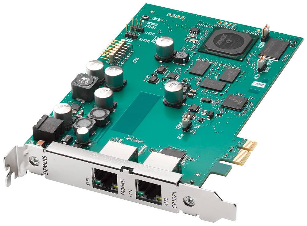 Computer circuit with multiple electronic components and two network ports on a green printed circuit board.