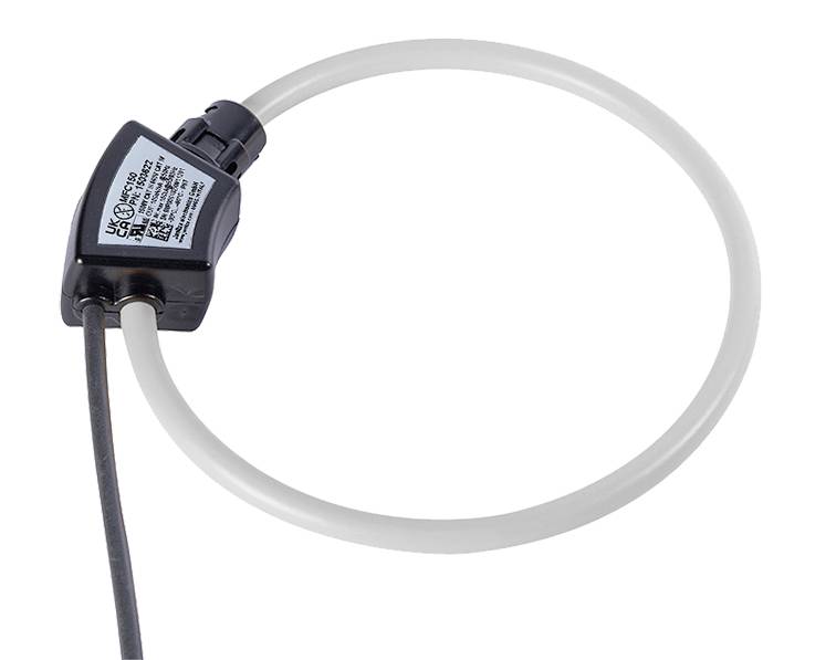 A black, electric device with a white cable loop; possibly a sensor or transformer, on a white background.