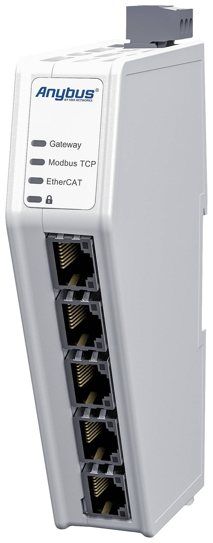 A silver gateway device by 'Anybus' with five Ethernet ports, listed: Gateway, Modbus TCP, EtherCAT.
