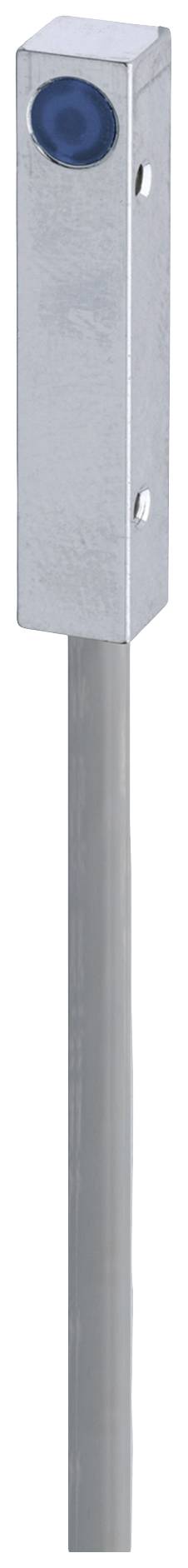 A round, blue reflector on a metallic post, commonly used for road delineation or traffic guidance.