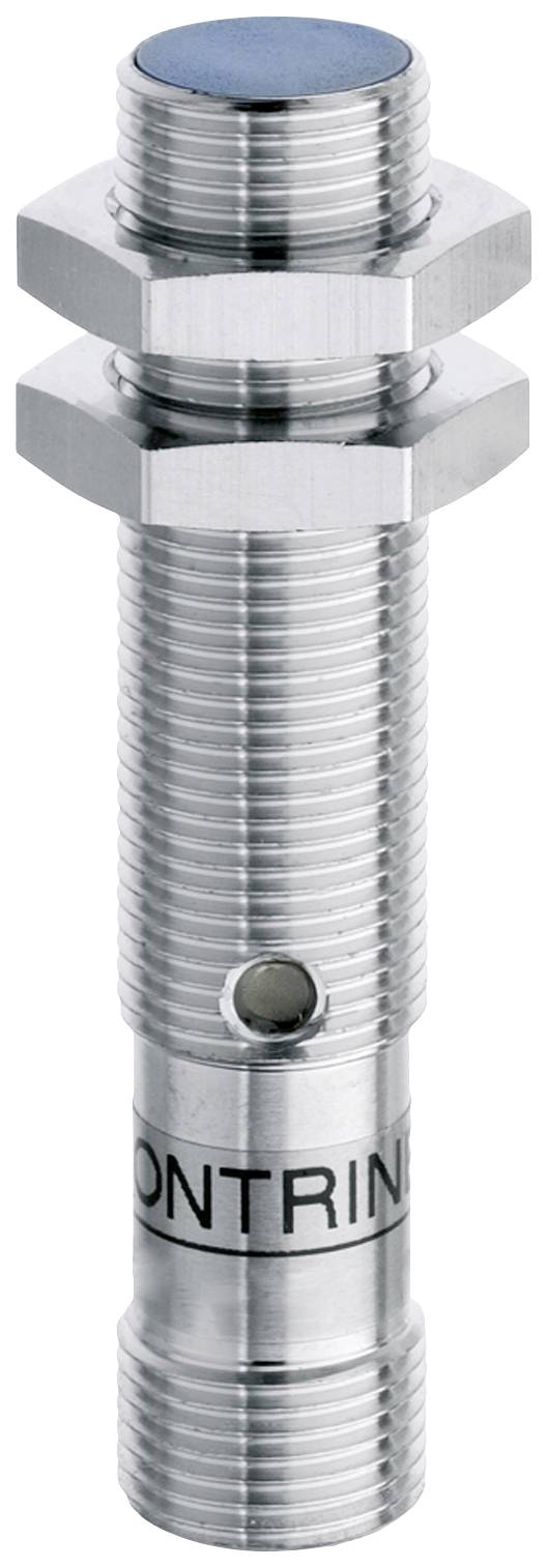 A cylindrical, metallic sensor with threading and two hexagonal nuts, suitable for industrial automation.