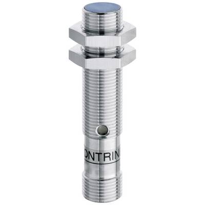 A cylindrical, metallic sensor with threading and two hexagonal nuts, suitable for industrial automation.