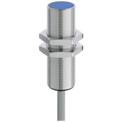 Cylindrical, metallic proximity sensor with blue head, suitable for industrial applications for object detection.
