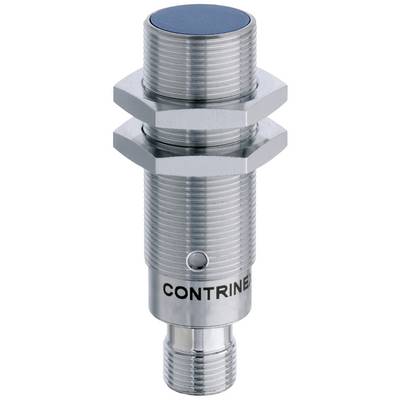 Cylindrical metal object with a screw thread and blue sensor at the tip, labelled 'CONTRINEX'.