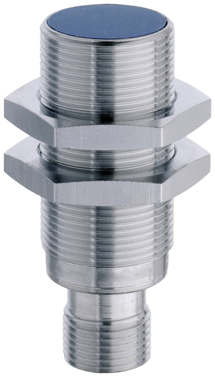 A cylindrical metal sensor with a screw thread, typical for use in industrial applications.