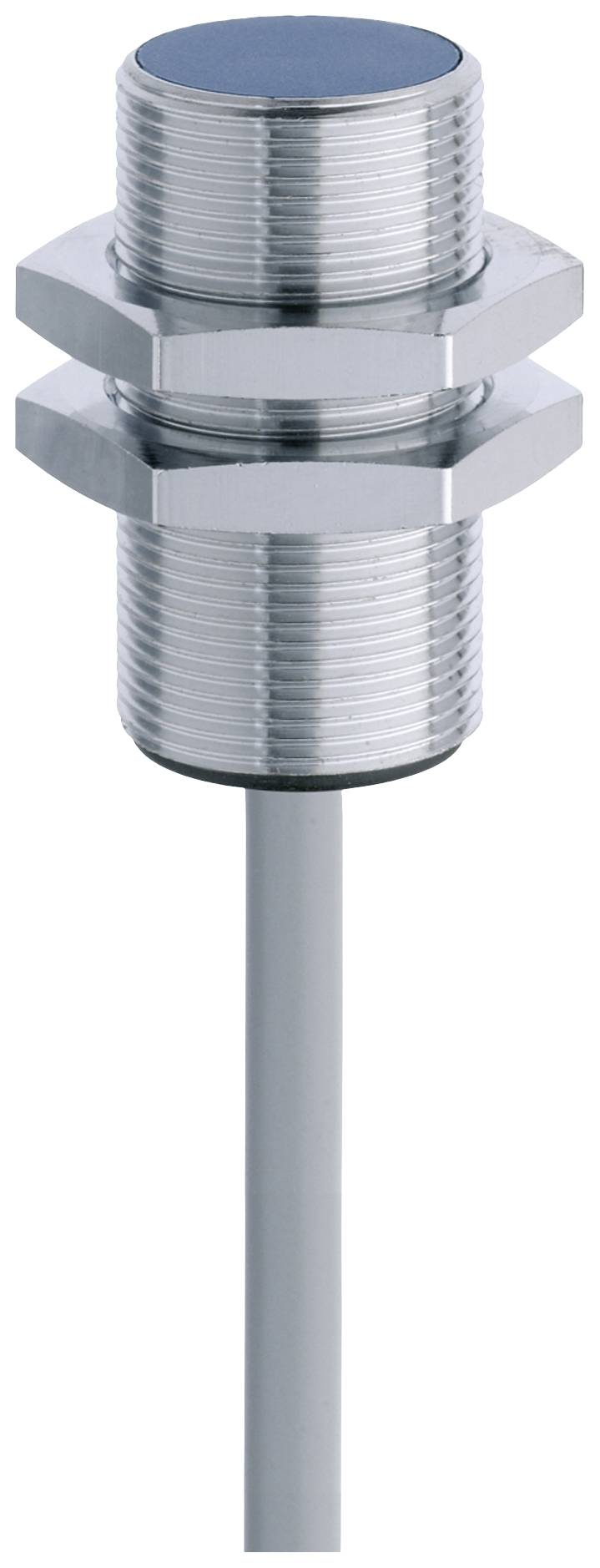 Metal sensor with a cylindrical housing, thread for mounting and cable connection at the base.