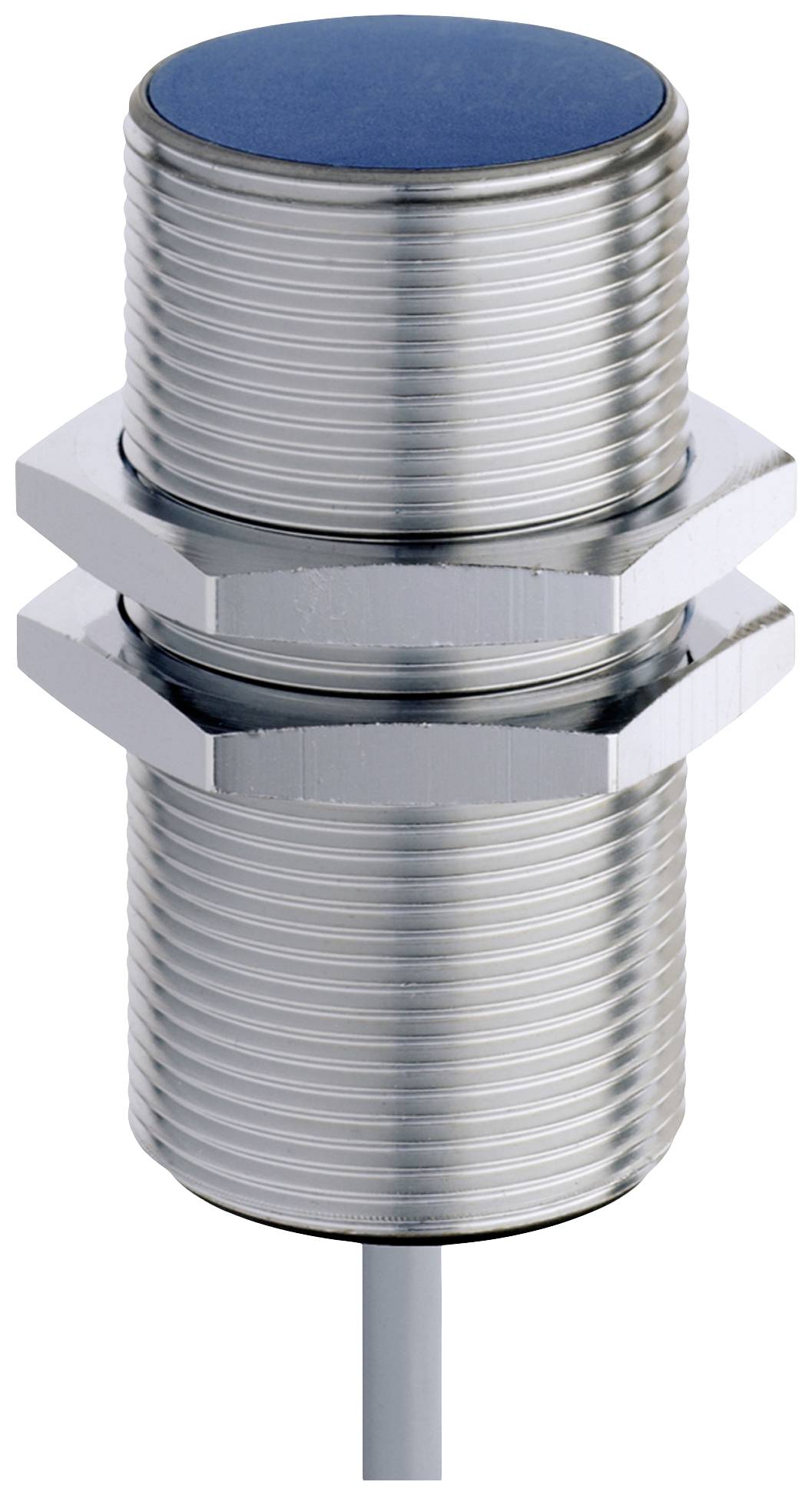 A cylindrical, silver proximity sensor with a ribbed casing and two nuts.