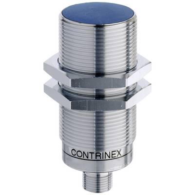 Cylindrical metal induction sensor, shiny, with thread. 'CONTRINEX' marking visible. Groove for mounting.