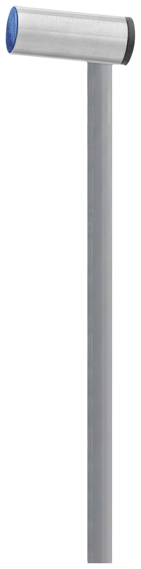 A grey metal rod with a blue, cylindrical handle. The structure appears sturdy and could serve as a grip.