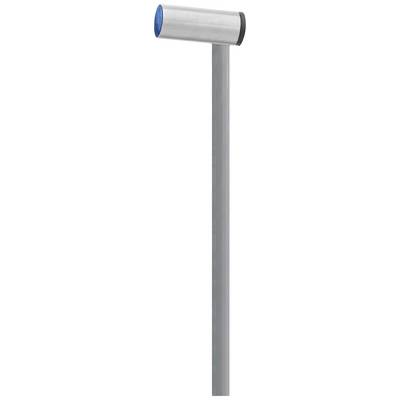 A grey metal rod with a blue, cylindrical handle. The structure appears sturdy and could serve as a grip.