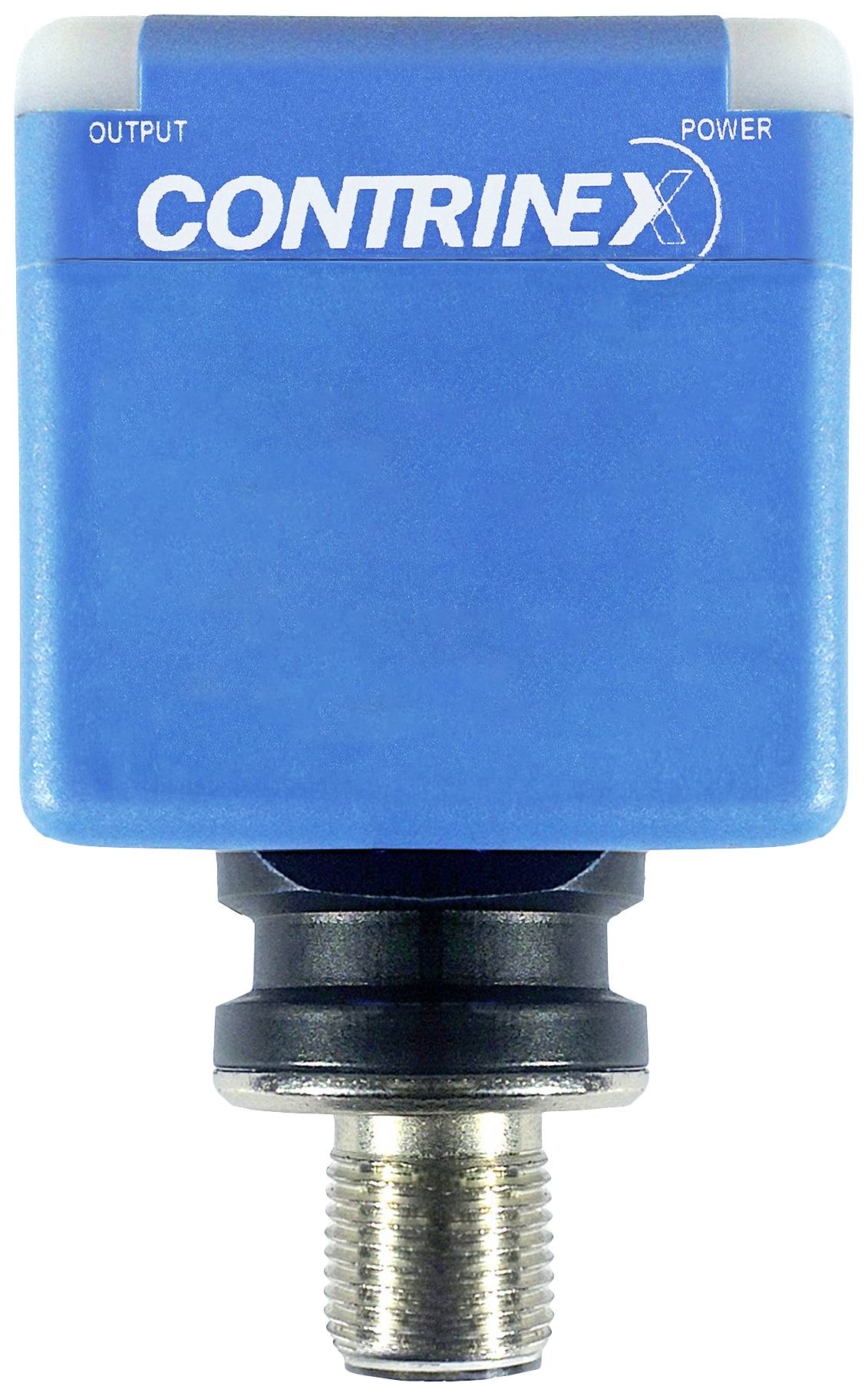 Blue inductive sensor with white 'Contrinex' logo at the top. A silver connection is visible at the bottom.