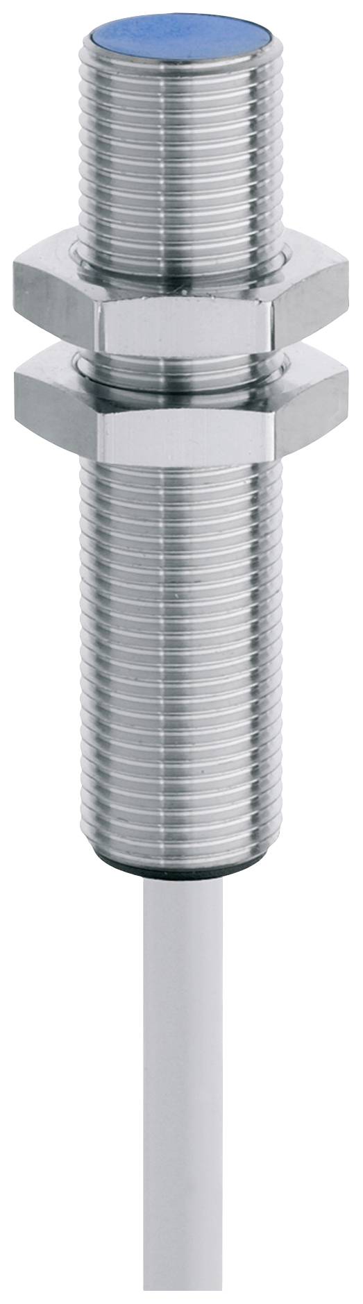 A cylindrical, silver proximity sensor with a blue end piece and cable connection at the bottom.