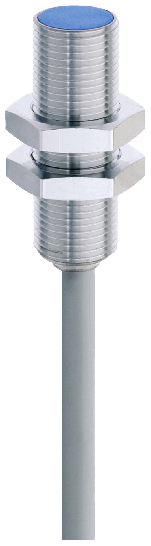 Cylindrical sensor with a metal thread and blue cap, attached to a grey cable. Suitable for industrial applications.