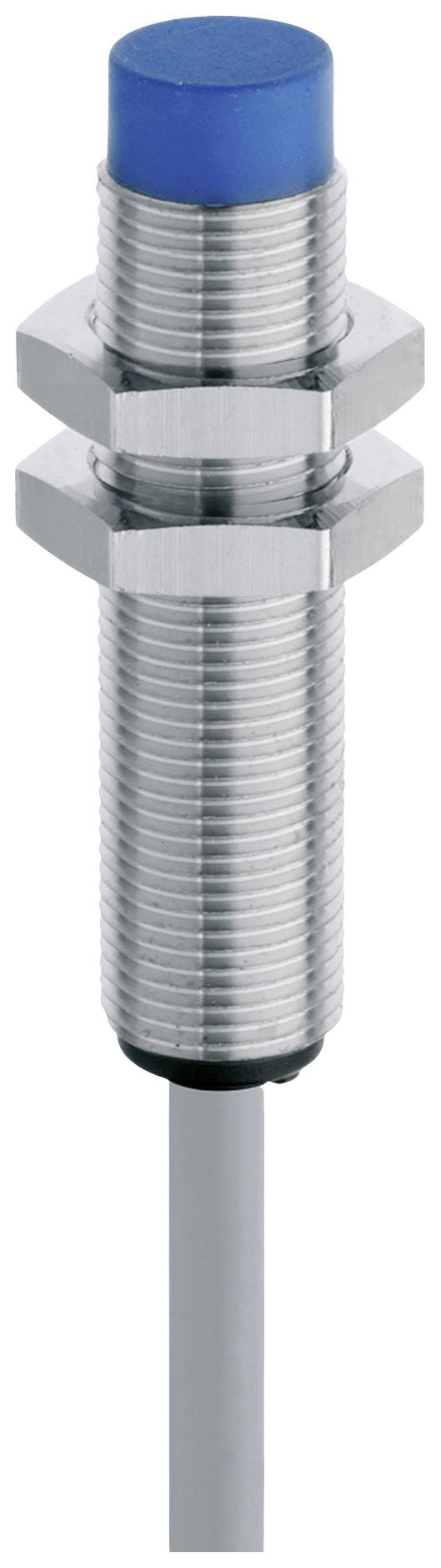 A cylindrical metal proximity sensor with a blue plastic tip, mounted on a cable. Suitable for industrial applications.