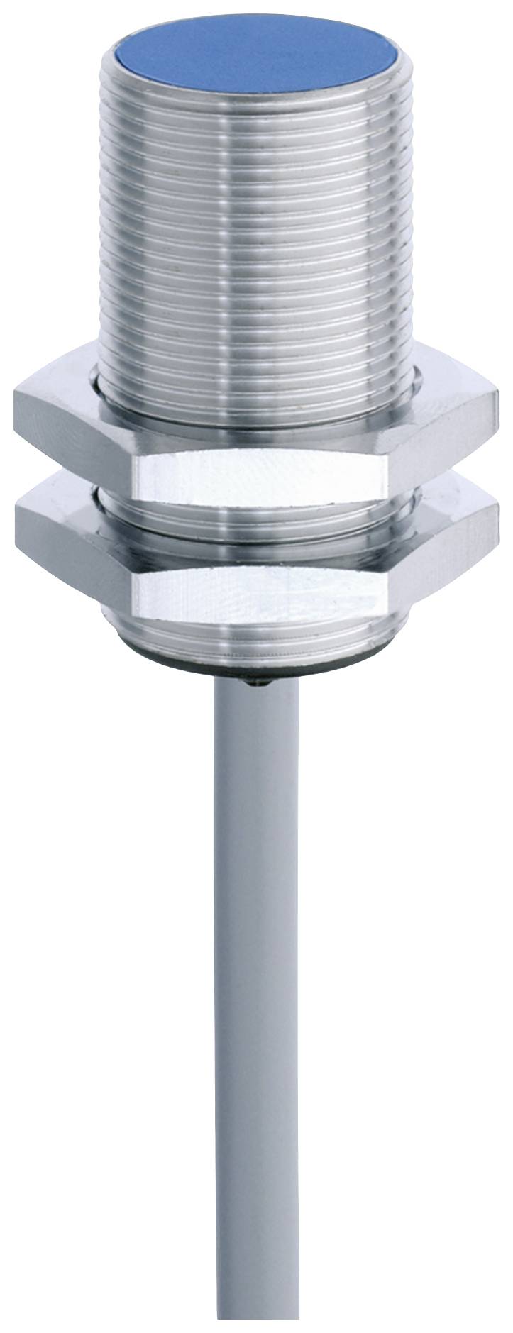 A cylindrical, metallic sensor with a blue tip and a connection cable at the bottom. The sensor is designed for object detection.