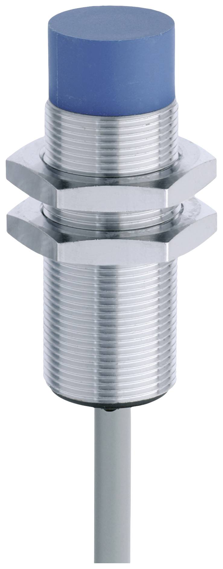 A cylindrical proximity sensor with a blue head and a ribbed metal shaft.