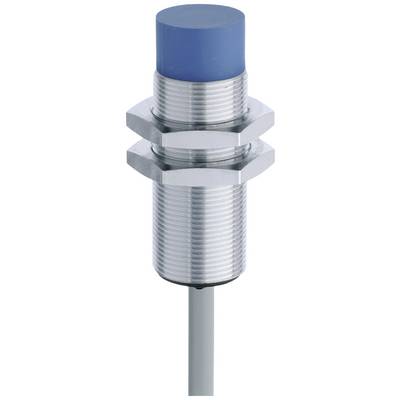 A cylindrical proximity sensor with a blue head and a ribbed metal shaft.
