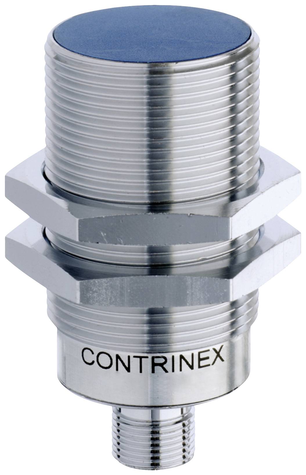 A cylindrical, silver induction sensor. Labelled with 'CONTRINEX'. It has a thread and is presumably for industrial applications.