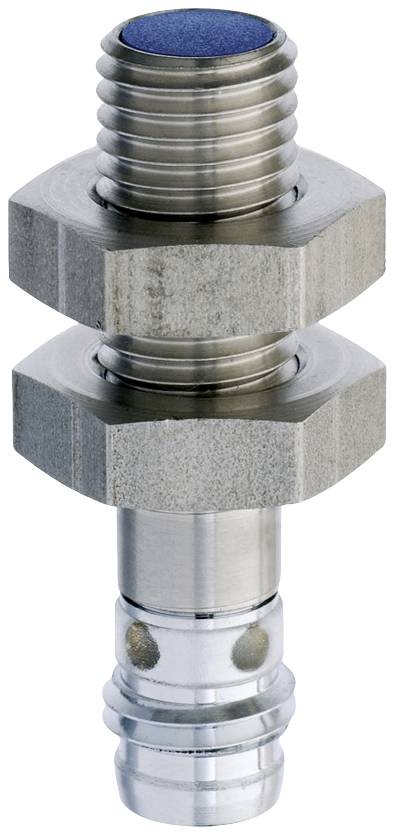 A metallic component, presumably a valve or adapter, with a threaded screw and blue filter insert on top, suitable for technical applications.