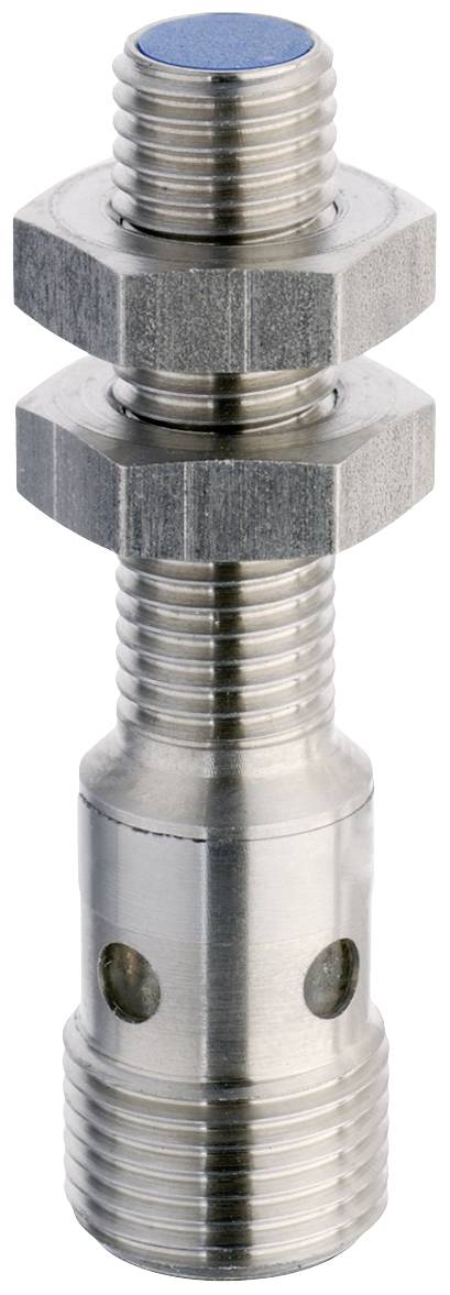 A metallic bolt with two hexagonal nuts and a blue marking point at the tip.