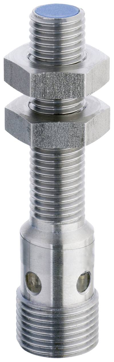 A metal valve with a threaded screw and hexagonal nuts, with recesses on the side; used in mechanical applications.