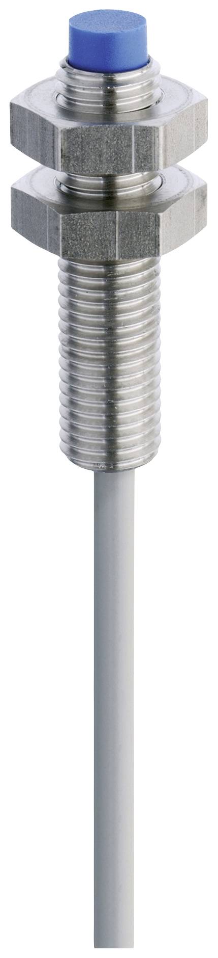 Cylindrical inductive sensor with a blue head and thread, attached to a grey cable. Used for proximity detection.