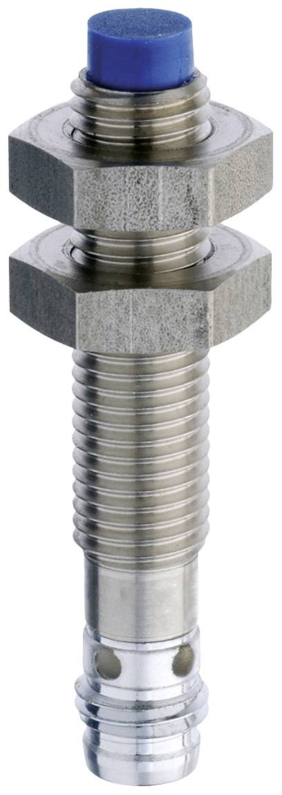 Metal cylinder with thread, two hexagonal nuts, and a blue plastic cap on top. Used as a connecting element in machinery.