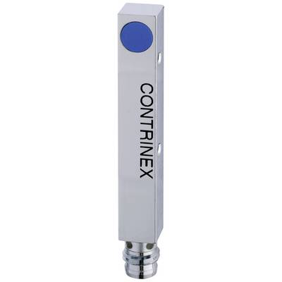 A rectangular metal proximity sensor by Contrinex with a blue button on top and a plug connection at the bottom.