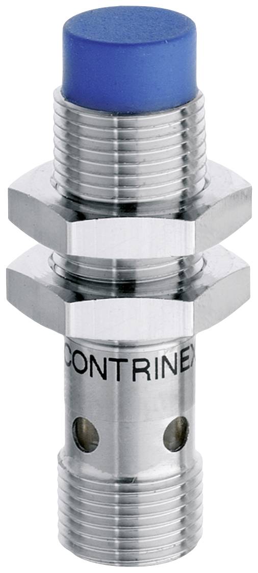 Cylindrical proximity sensor made of metal with a blue plastic head by Contrinex. Suitable for industrial applications.