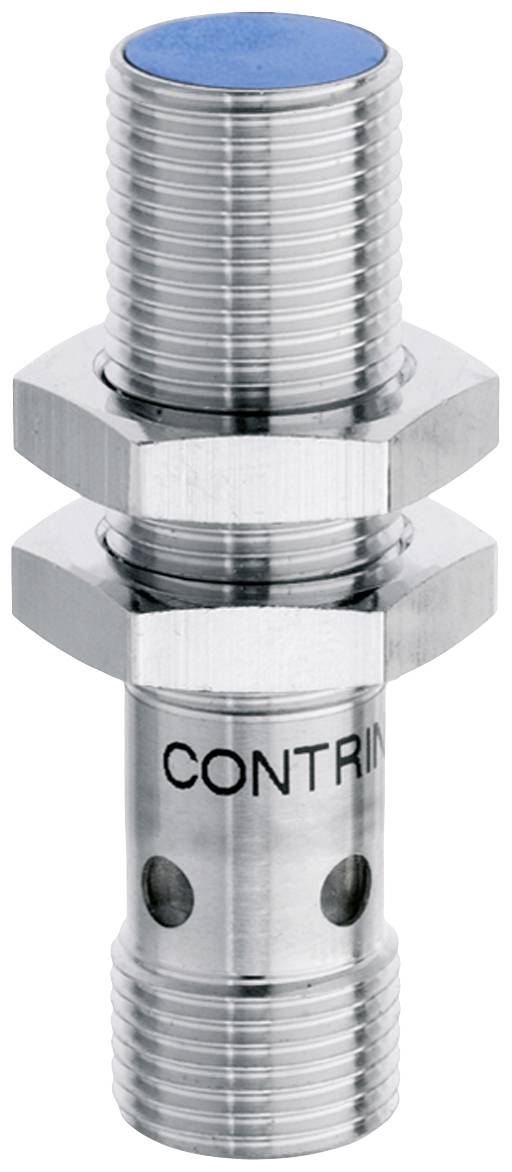 A silver cylindrical sensor with a blue end and side openings. 'CONTRINEX' is written on the body.