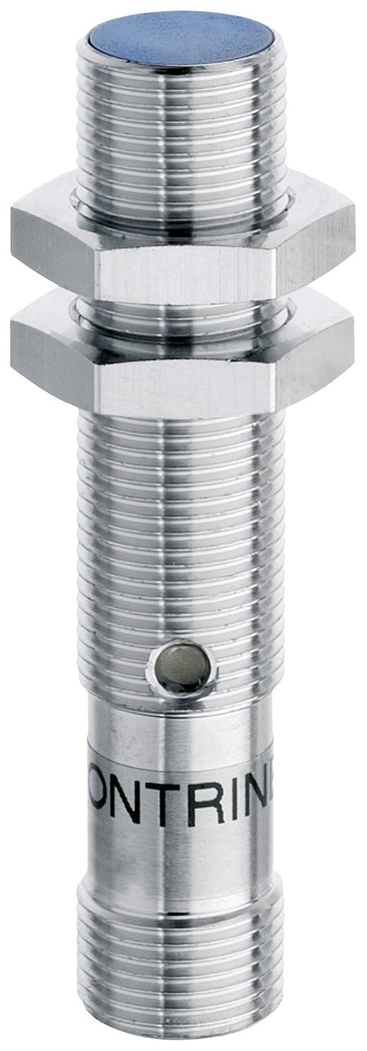 A cylindrical, metallic proximity sensor with a ribbed housing and two lock nuts, suitable for industrial applications.