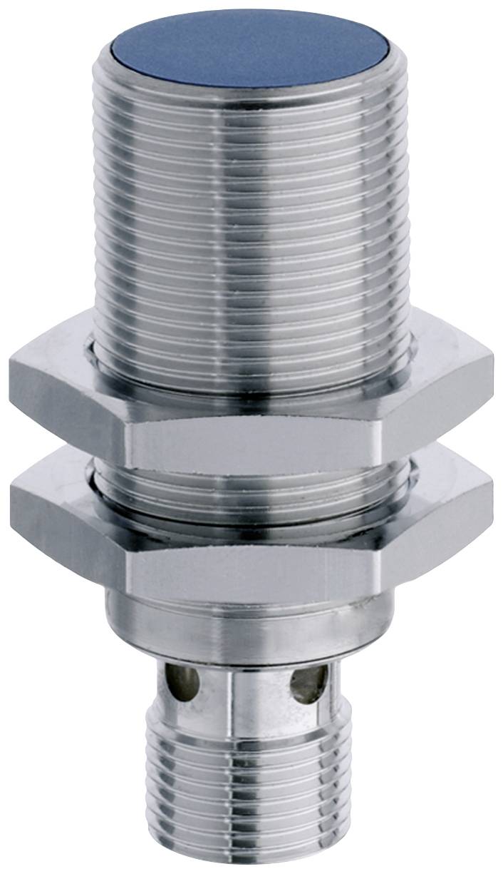A cylindrical proximity sensor made of metal with a ribbed surface and two hexagonal nuts for mounting.
