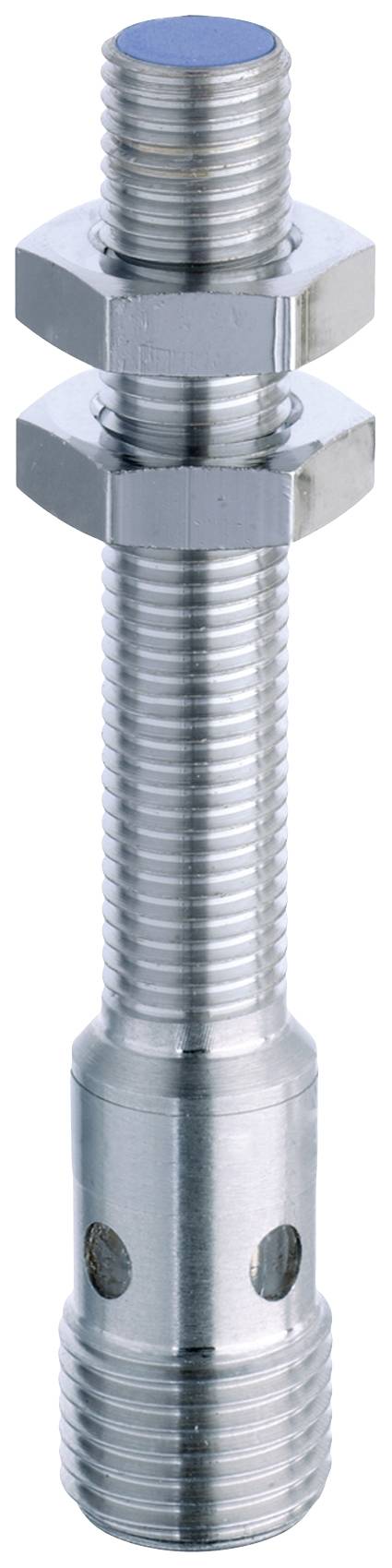 A silver, cylindrical metal bolt with threading, two hexagonal nuts in the middle and holes at the lower end, stands vertically.