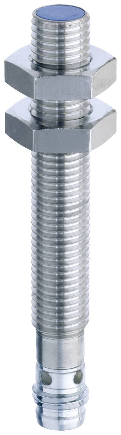 A cylindrical metal connector with threading and two hexagonal nuts, topped with a smaller threaded end.