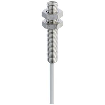 Cylindrical, metallic sensor with thread, two fixing nuts and cable connection at the bottom. Ideal for industrial applications.